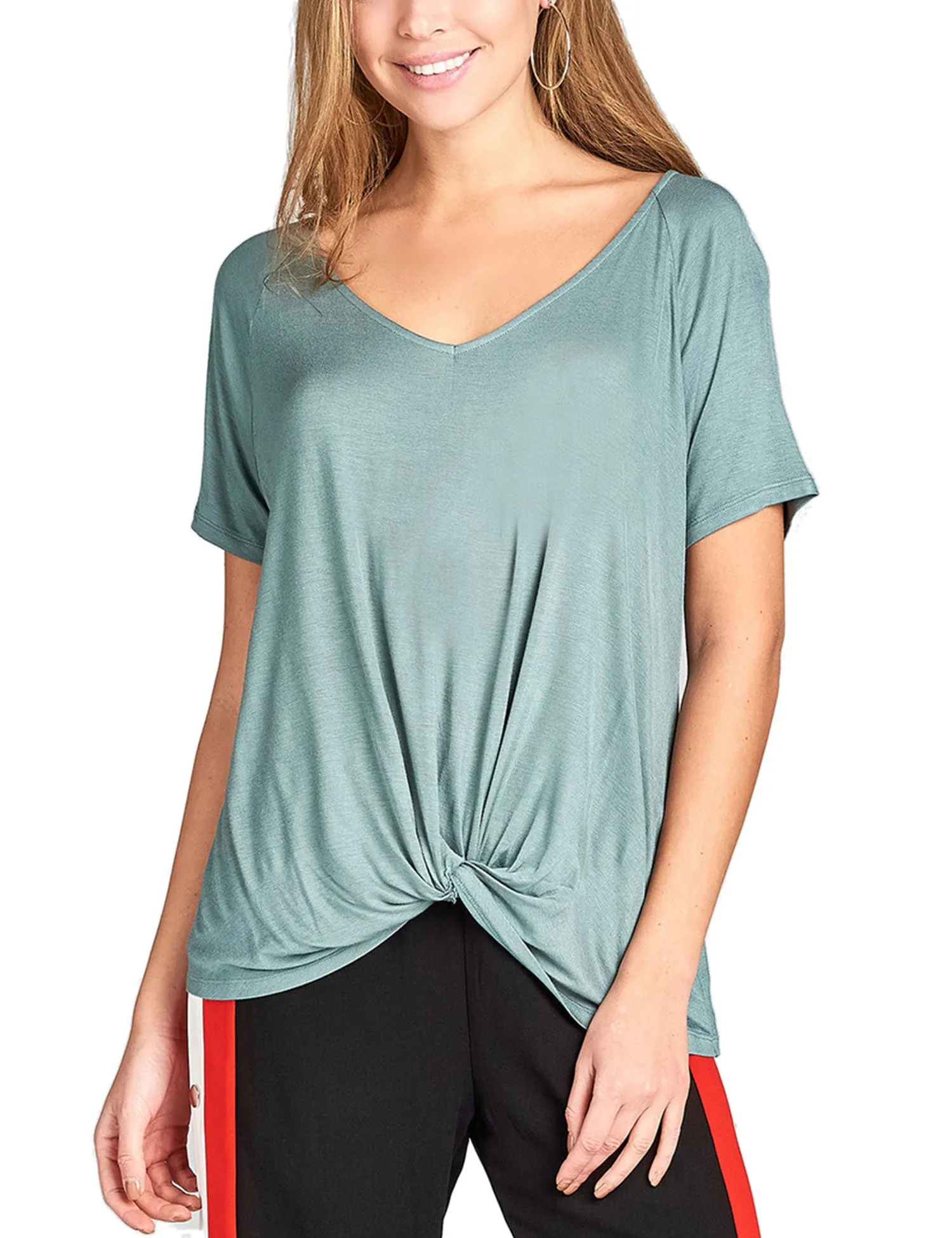 Women's Raglan Sleeve Dolman Tunic Tshirt Top with Knot on Hemline