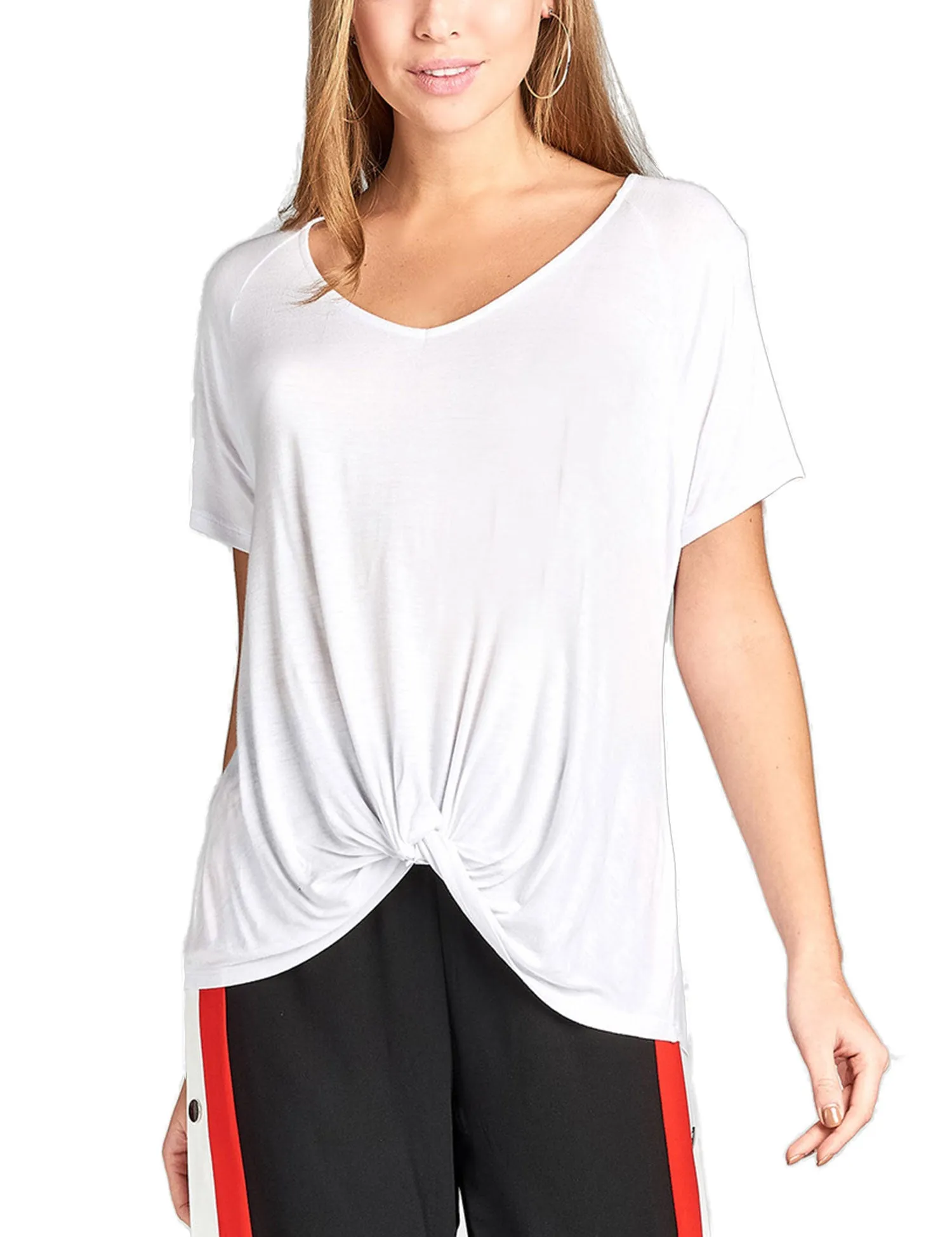 Women's Raglan Sleeve Dolman Tunic Tshirt Top with Knot on Hemline