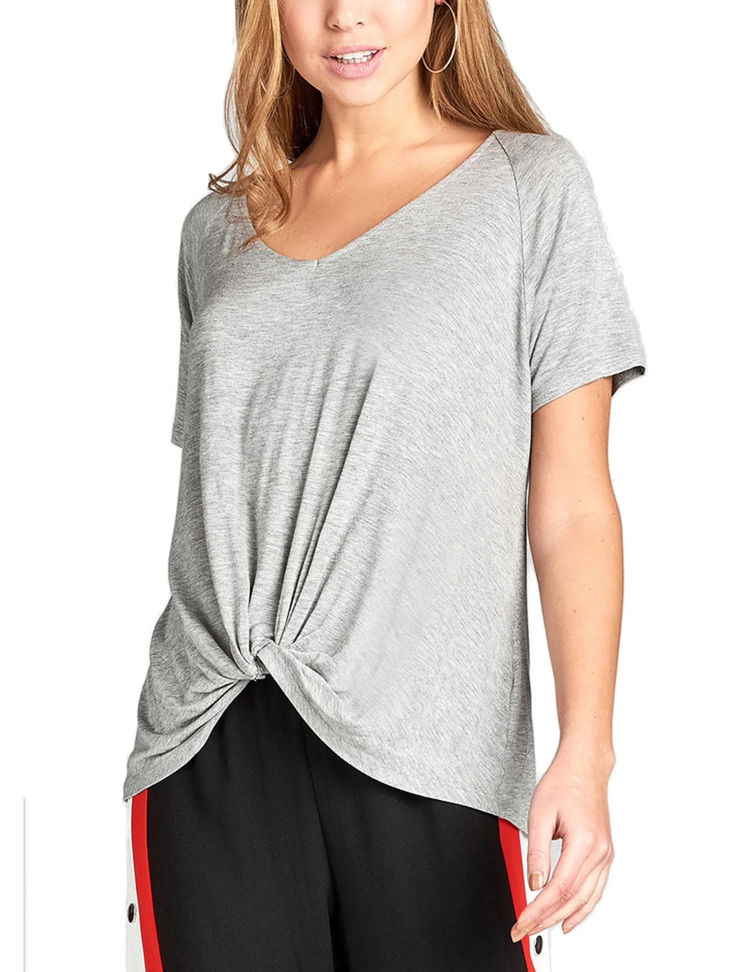 Women's Raglan Sleeve Dolman Tunic Tshirt Top with Knot on Hemline