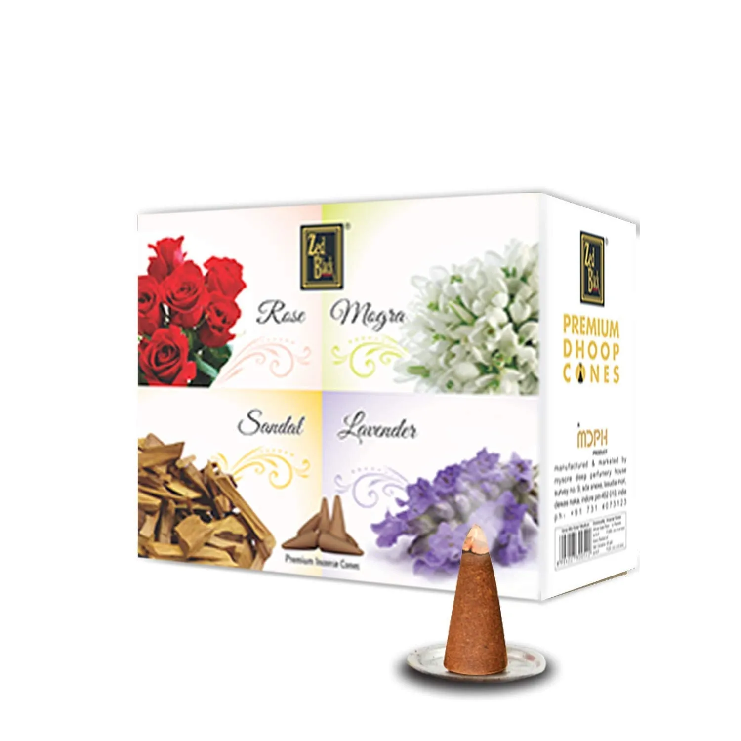 Zed Black Dhoop Cones Boxes (Rose, Mogra, Sandal and Lavender) - Pack of 12 (Total No. of Dhoop Cones - 240)